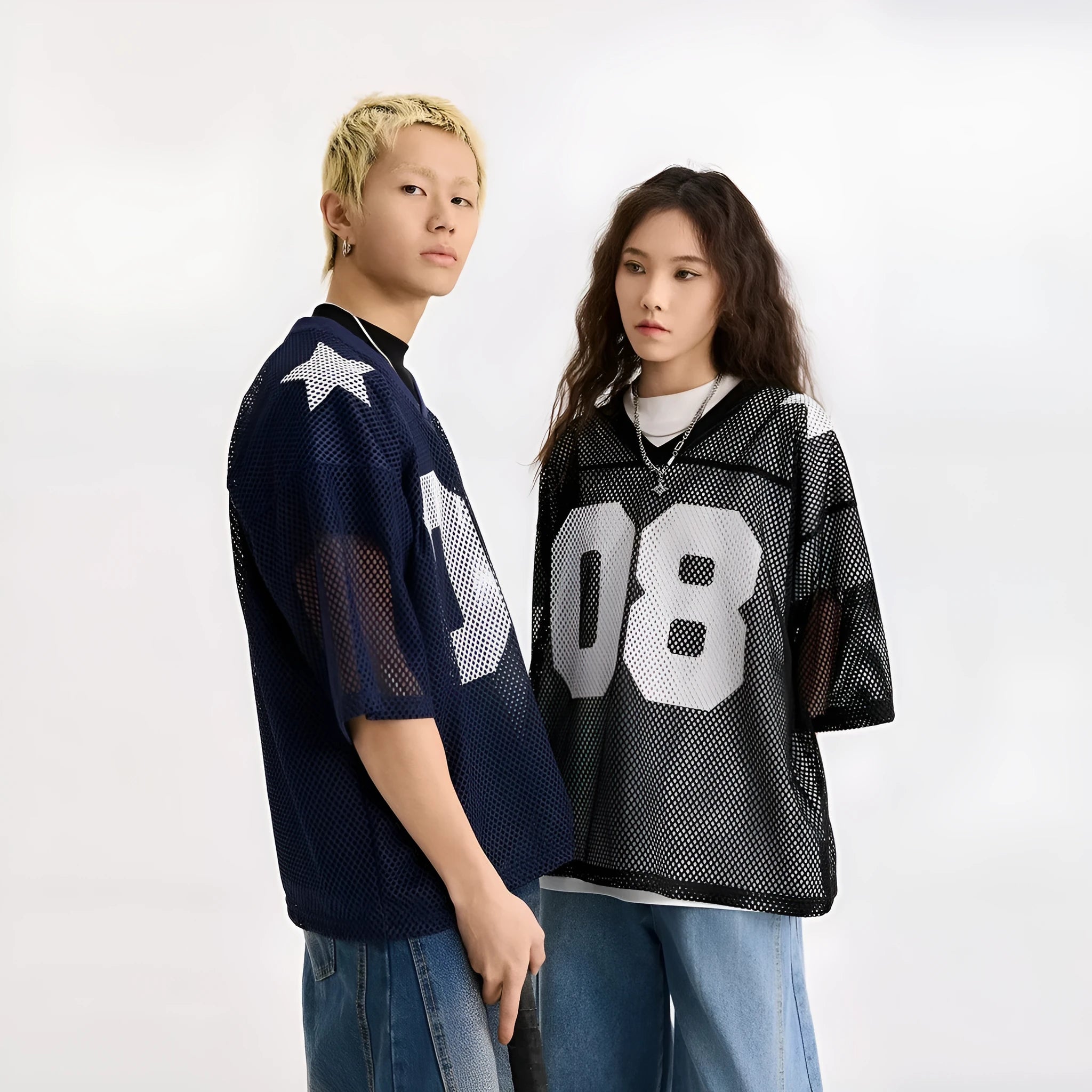 Half sleeve pullover shirt with letter pattern in black and navy blue colours, loose fit design