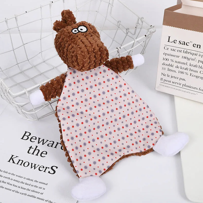 Brown velvet stuffed fox elephant pet toy with squeaky paper sound maker for cats and dogs.
