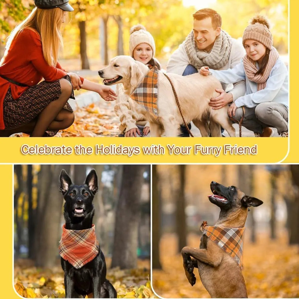 Vivifying fall dog bandana with plaid pattern, tassel edges, and double-layer cotton in autumn colours