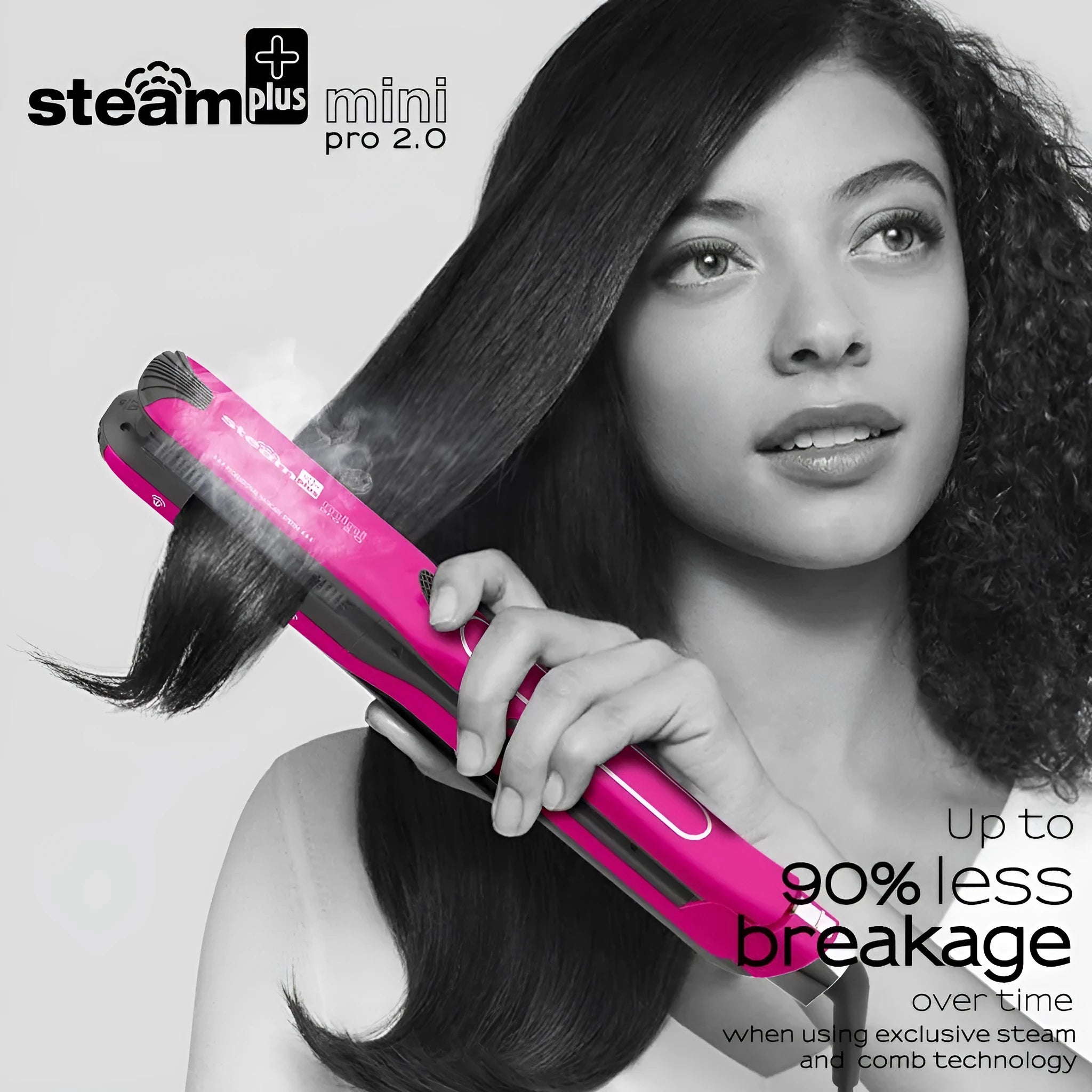 Mini steam spray hair straightener in purple, rose red and champagne colours showing heated plates and steam function