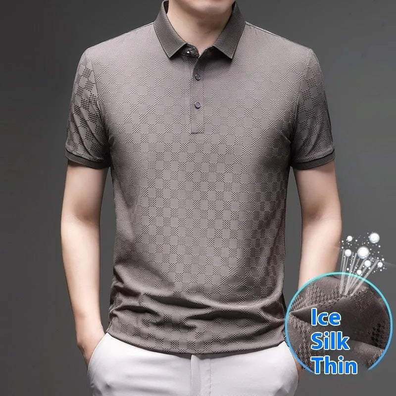 Rhombus pattern thin ice silk short sleeve t-shirt in black, shown with a slit detail.