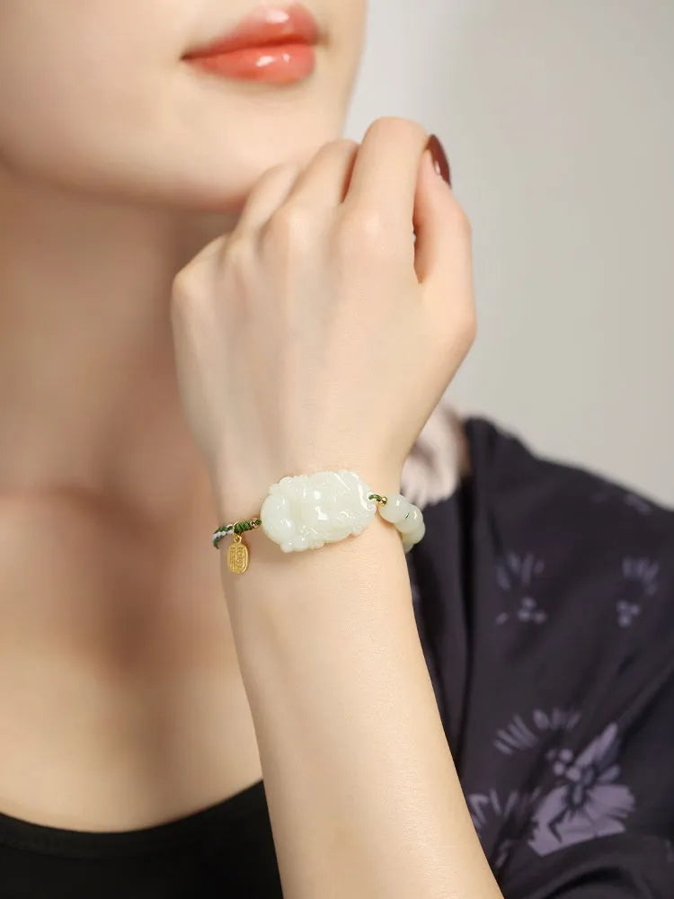 Year of Rabbit Hetian jade bracelet with S925 silver blessing card on red ice cotton rope