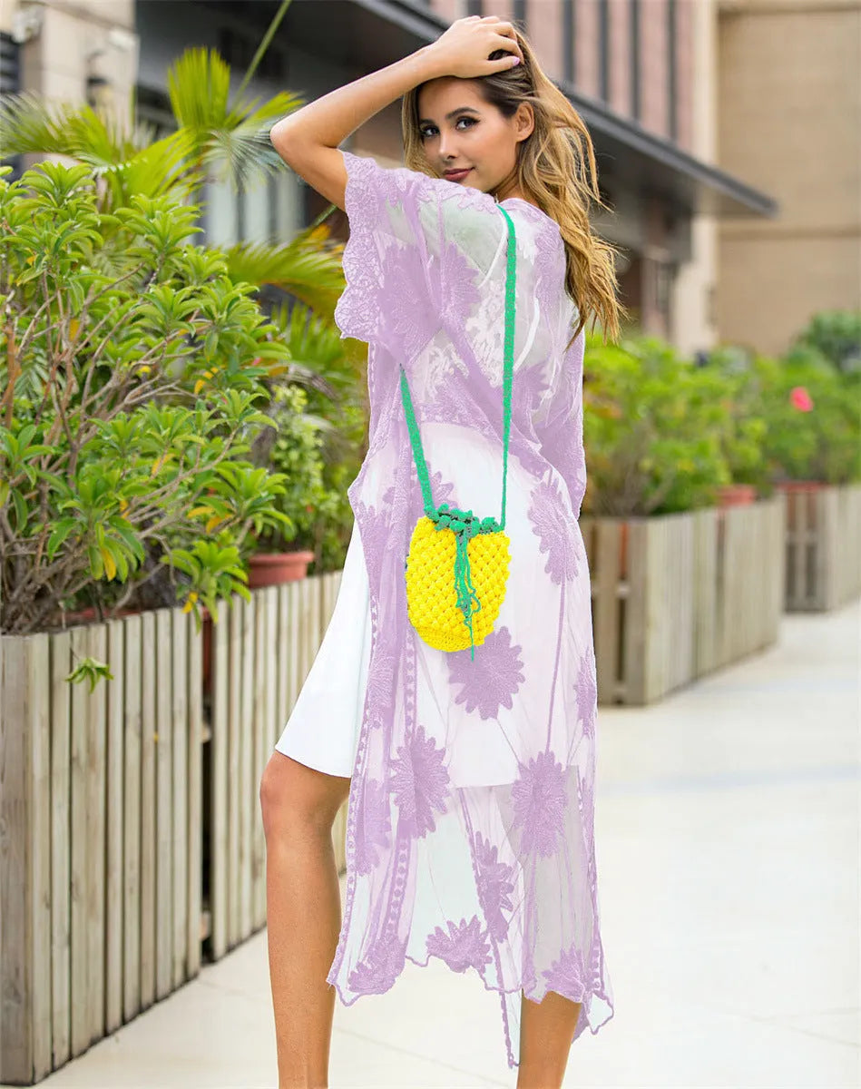 Light purple lace embroidery beach cover-up dress with cotton lining for swimming