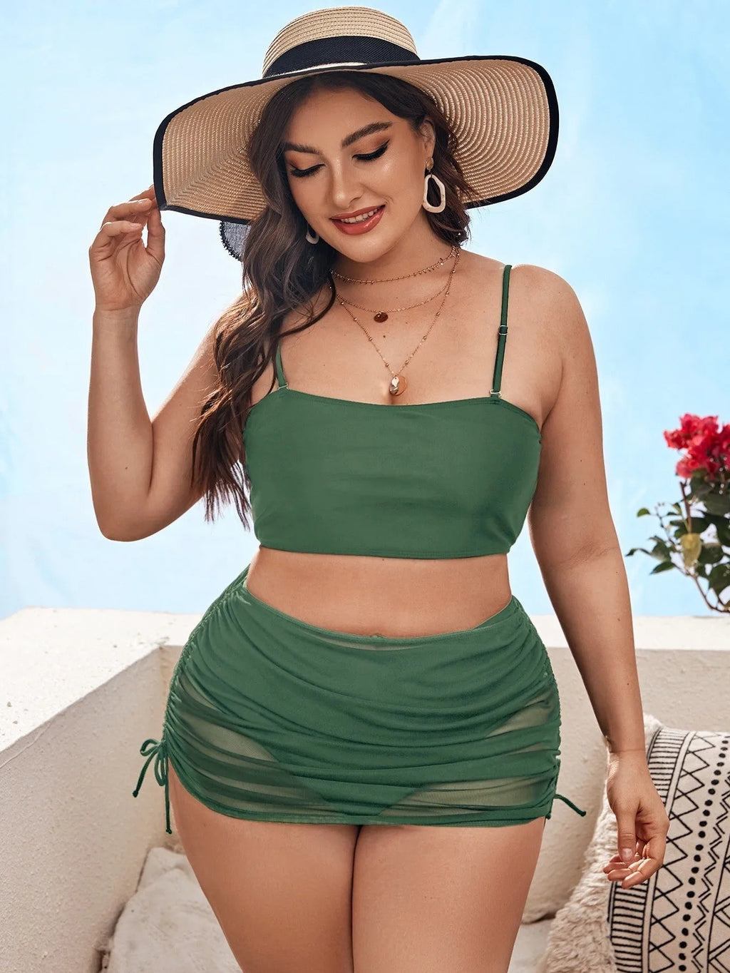 Solid colour mesh bikini three-piece set for women in black with spandex lining, sizes 0XL-4XL