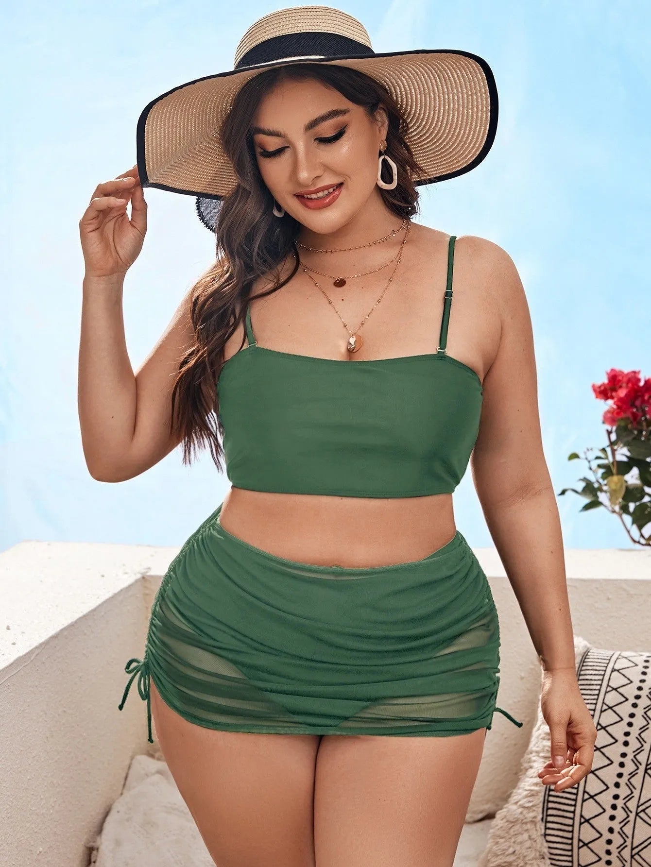 Solid colour mesh bikini three-piece set for women in black with spandex lining, sizes 0XL-4XL