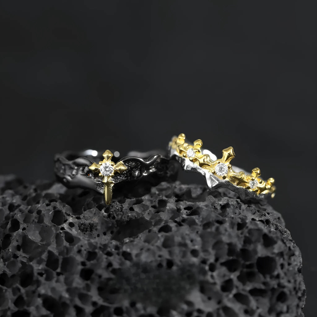 Adjustable silver couple ring with Princess Knight design in white gold or black gold electroplated finish.