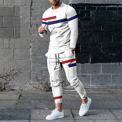 Men's cotton blend round neck long sleeve T-shirt and trousers tracksuit set in light gray on a plain background