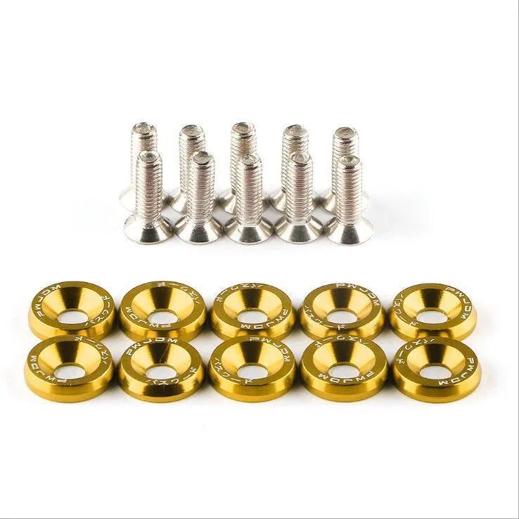 Ten car modification gasket screws with washers in eight colour options on a white background