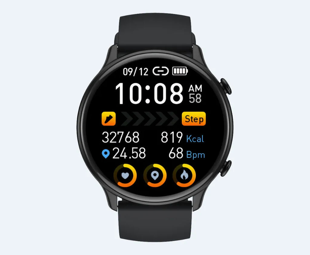 Smart sports watch with round full touch screen, silicone strap, and heart rate monitor display