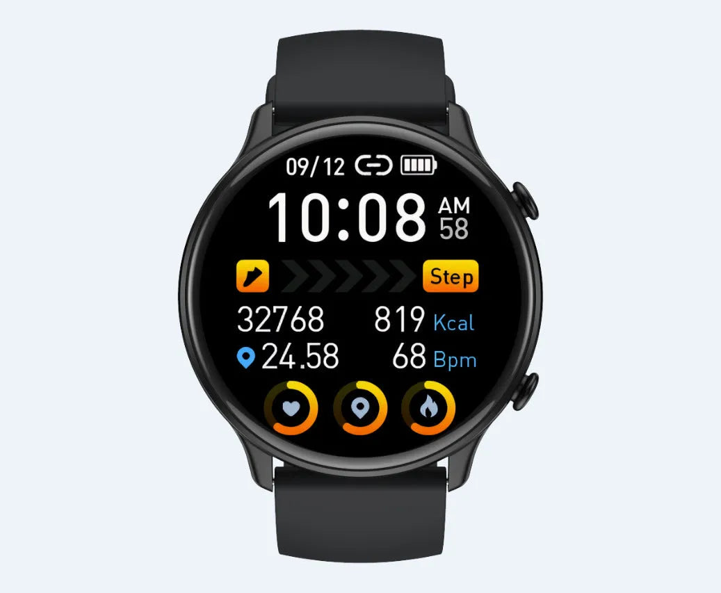 Smart sports watch with round full touch screen, silicone strap, and heart rate monitor display
