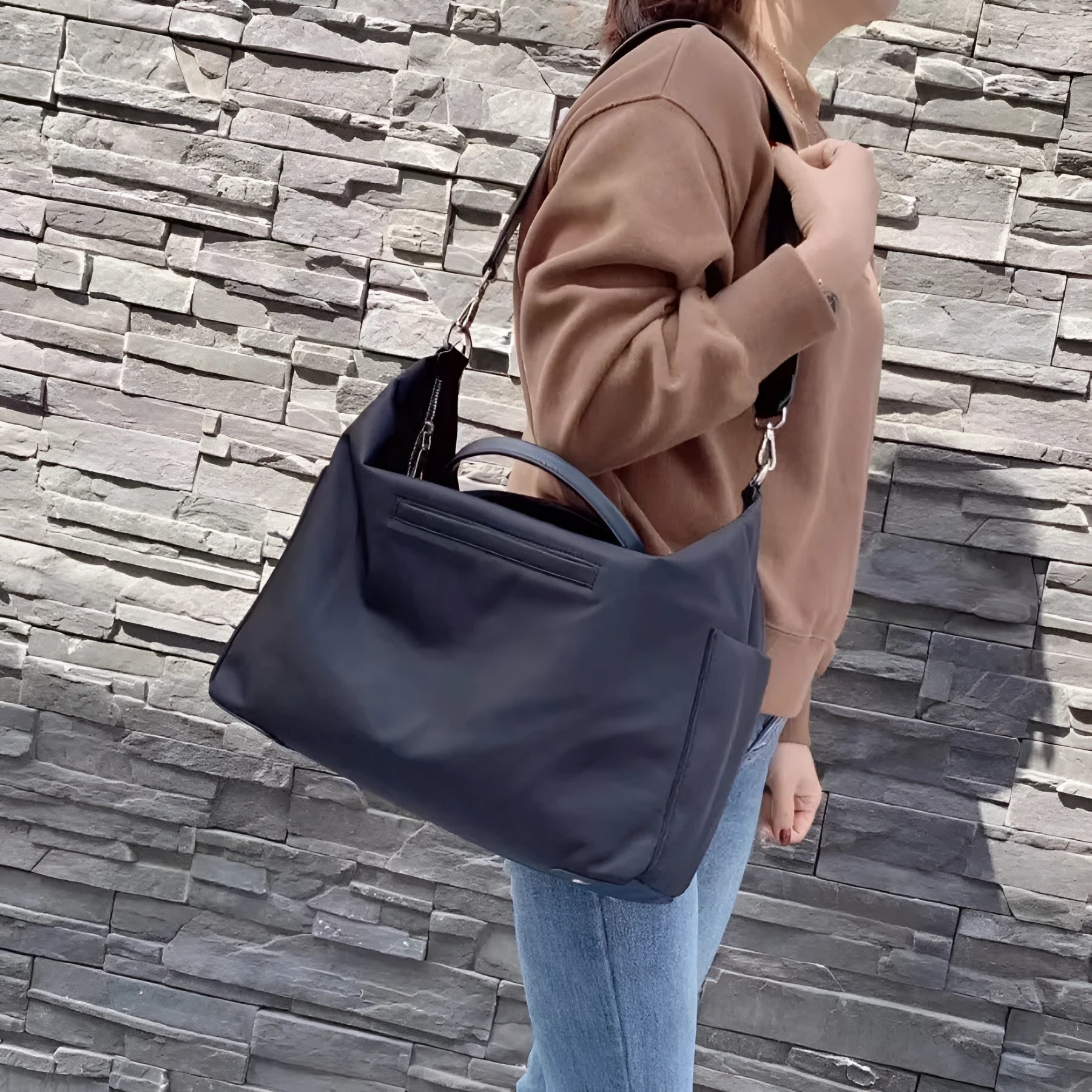 Nylon waterproof cloth shoulder bag in black large capacity simple design 35x14x27cm