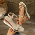 Rhinestone beaded wedge platform high heels in apricot colour with fish mouth toe and elastic band