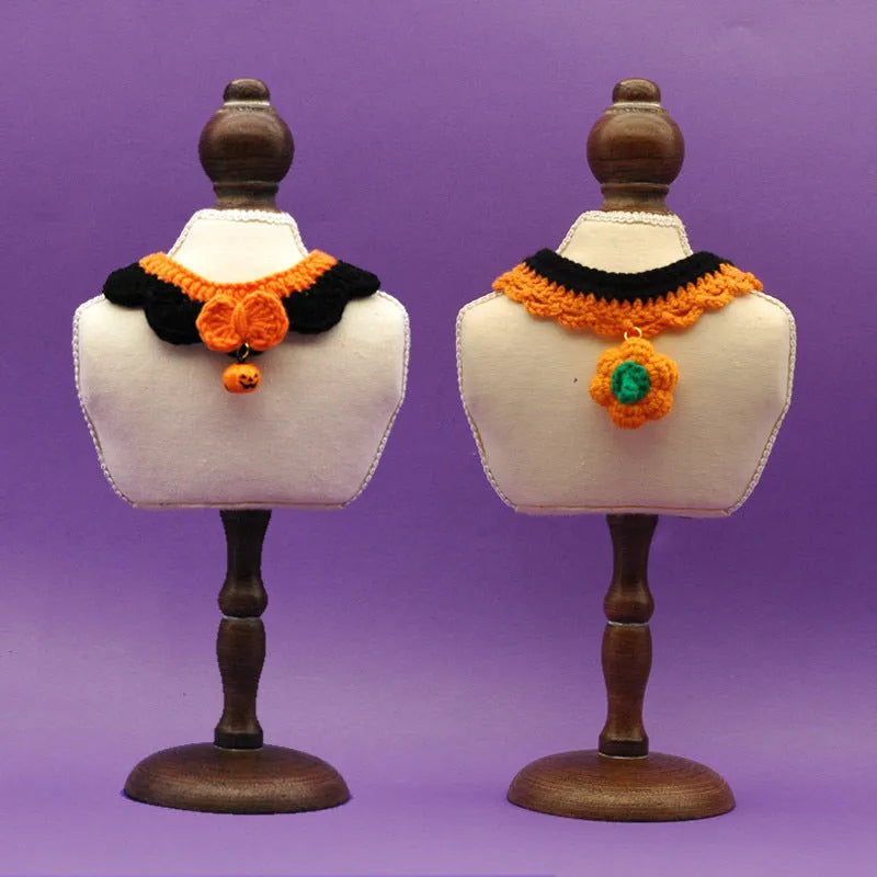 Hand crocheted wool pet collar in Bell Pumpkin style on a cat, adjustable size, Halloween accessory