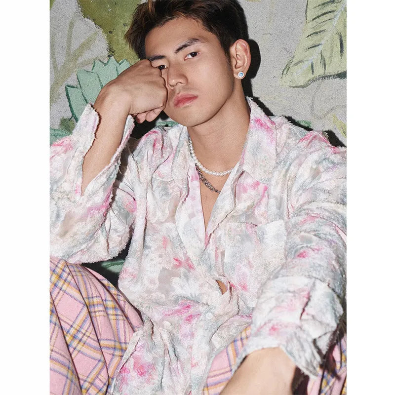 Blue floral long sleeve shirt with three-dimensional embossed pattern and loose fit design