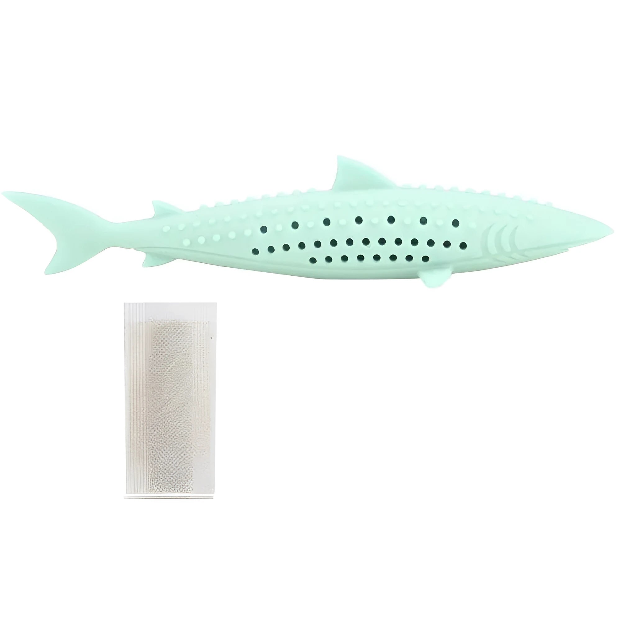 Green silicone fish-shaped chew toy for cats with breathable side holes