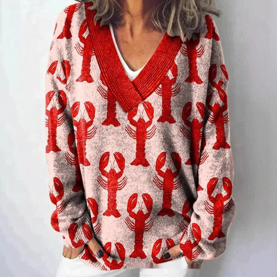 Women's V-neck long sleeve sweatshirt with a 3D floral art retro pattern in various colours
