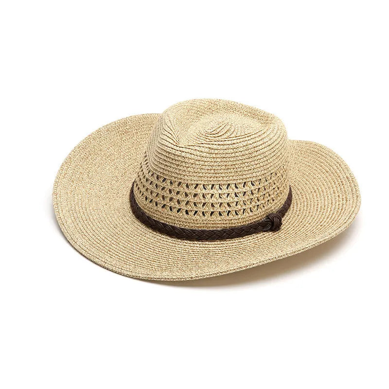 Men's foldable straw sun hat with wide brim in beige colour shown folded and unfolded