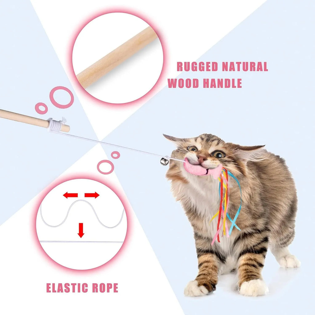 Colourful cat wand toy with wooden handle, elastic string, and a catnip fish with ribbons and a bell.