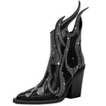 Women's square toe chunky heel rhinestone flame Martin boots in solid colour, side zipper, low tube