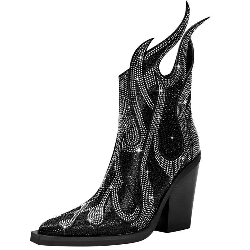 Women's square toe chunky heel rhinestone flame Martin boots in solid colour, side zipper, low tube