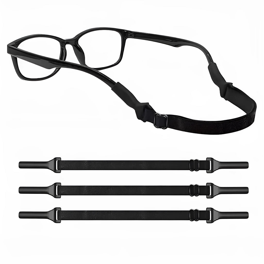 Black adjustable glasses strap with silicone earpiece ends for adult and children's eyewear security