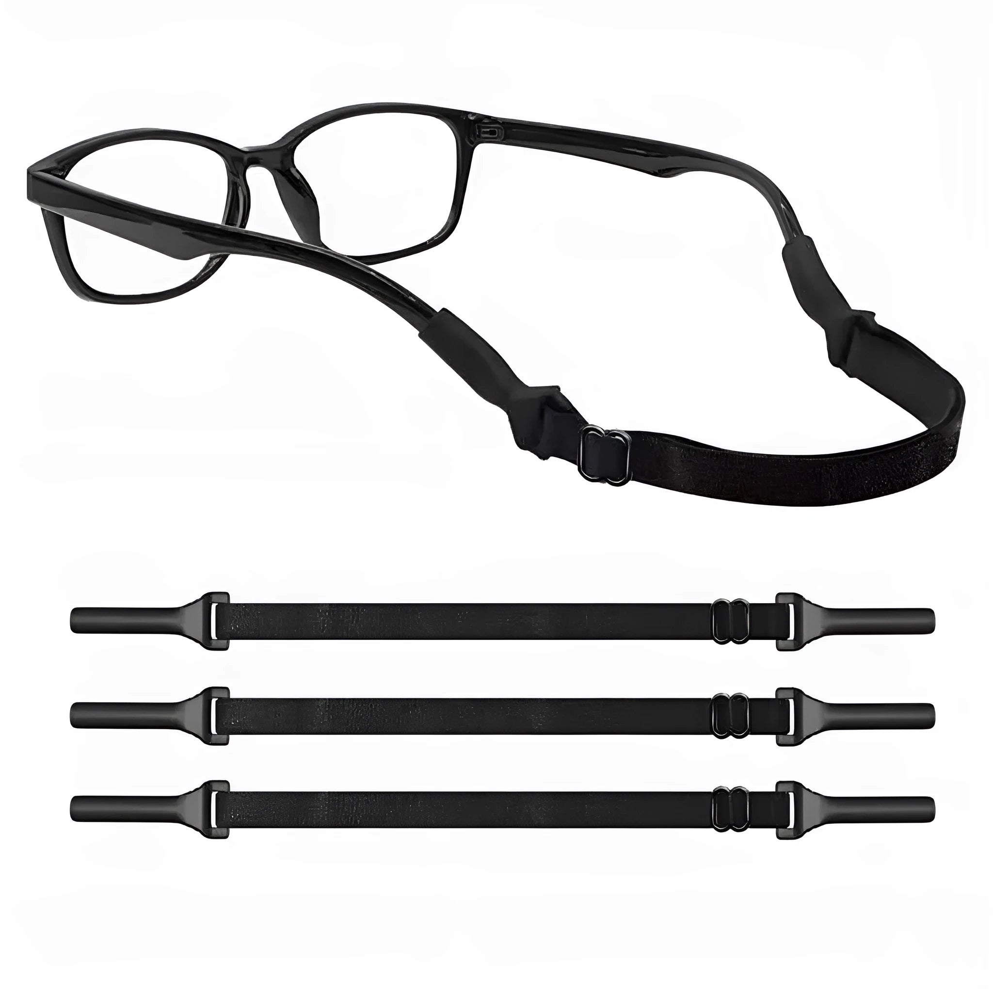 Black adjustable glasses strap with silicone earpiece ends for adult and children's eyewear security