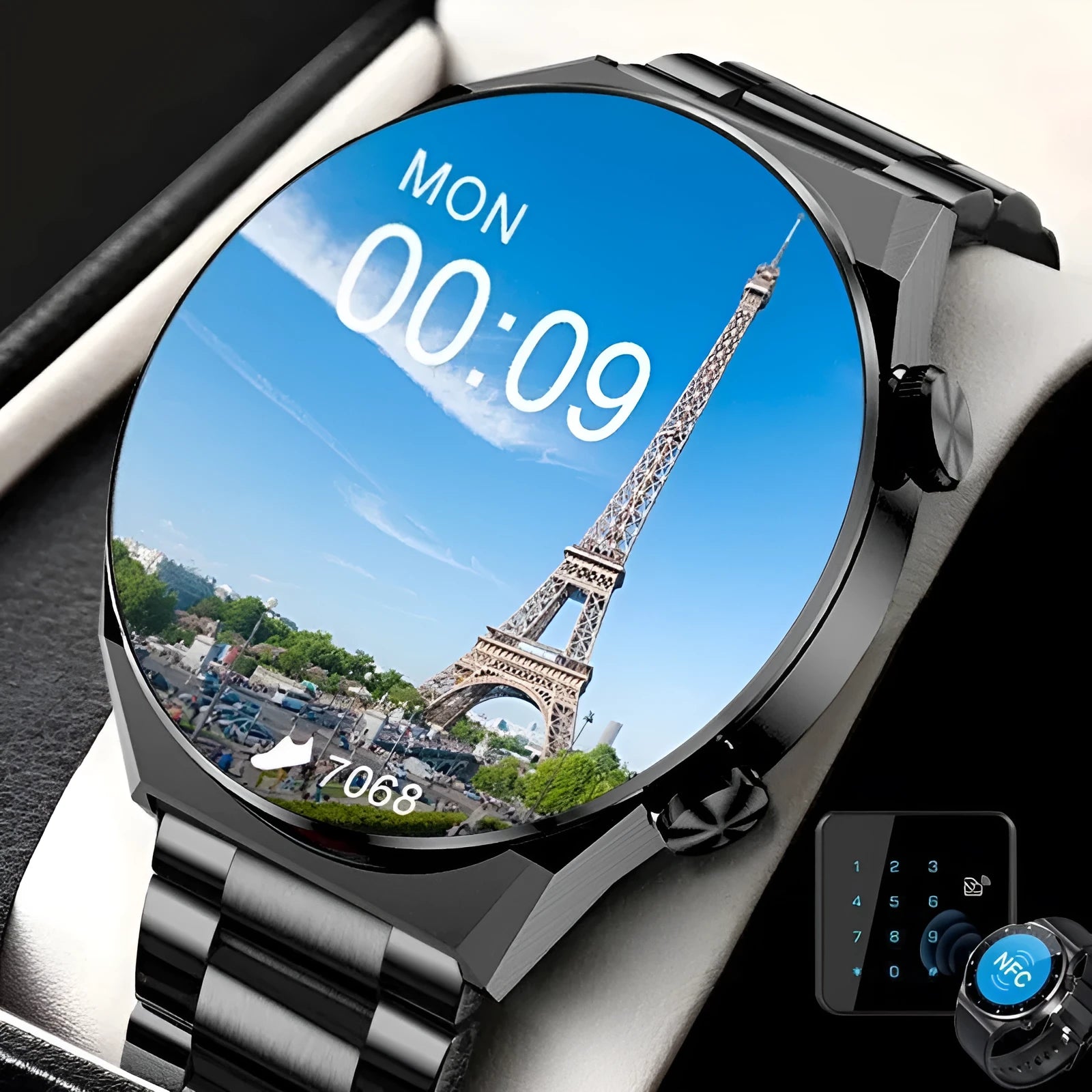 Black smartwatch with 1.45-inch TFT display and silicone strap showing heart rate reading