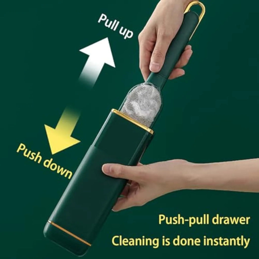Reusable pet hair remover brush with double-sided head for clothes and furniture.