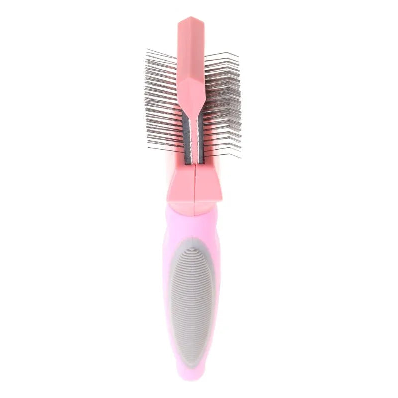 Blue double-sided pet brush with stainless steel pins and ergonomic grip on a white background