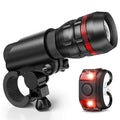 Bicycle front headlight and rear taillight set with mounting bracket on a black background