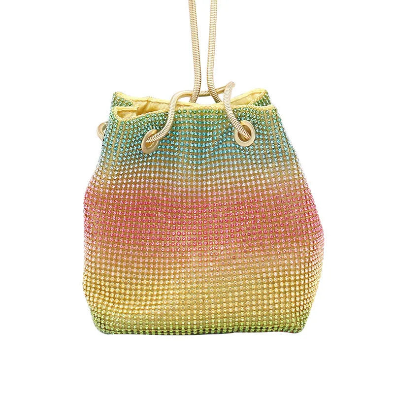 Rhinestone bucket bag with rainbow multicolour diamond pattern and soft material