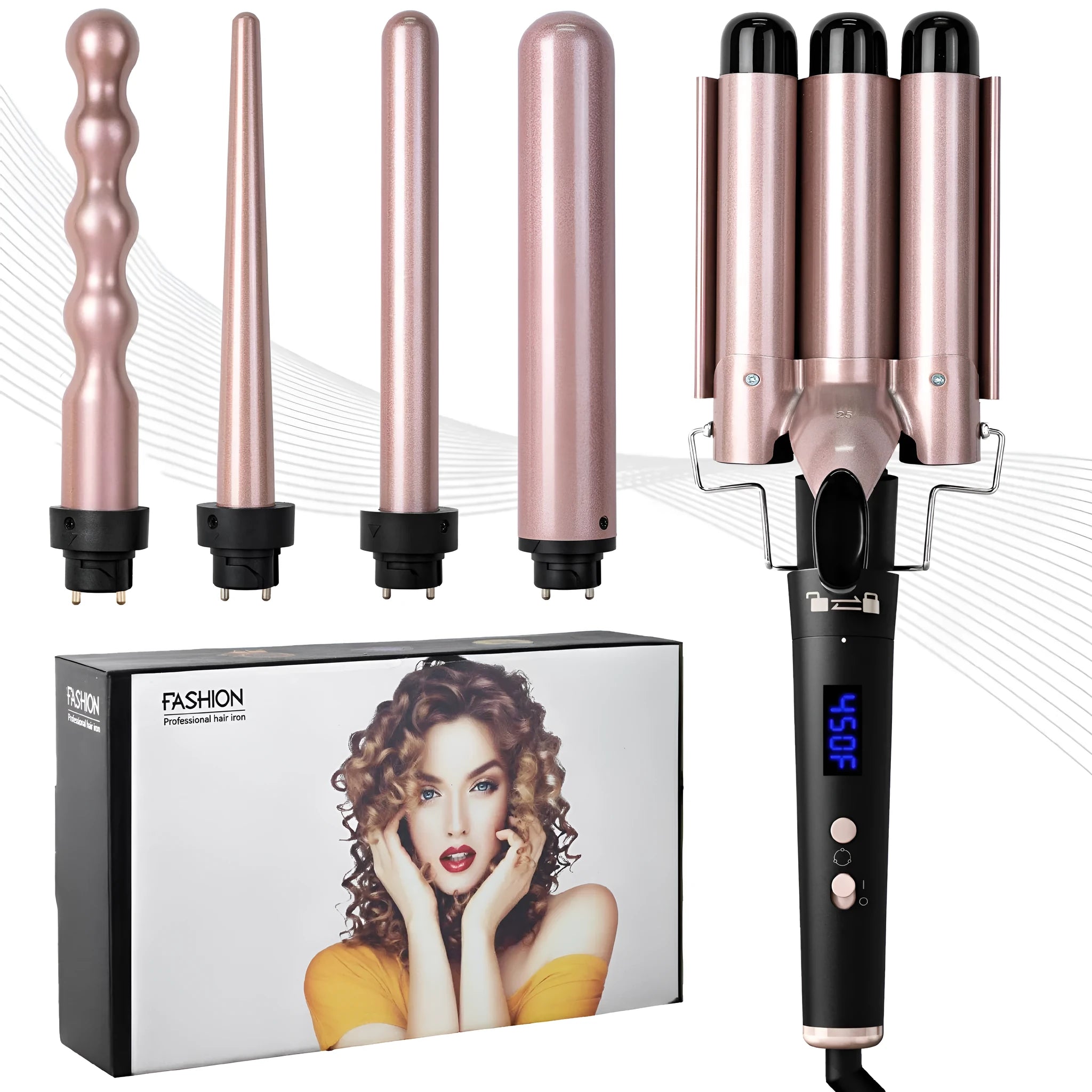 Rose gold five-in-one tube replacement hair curler with LCD screen and international voltage compatibility