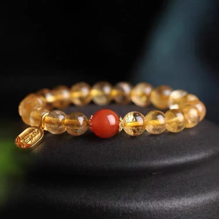 Natural red agate bracelet with gold ruby accent, polished beads, available in 6mm 8mm or 10mm size