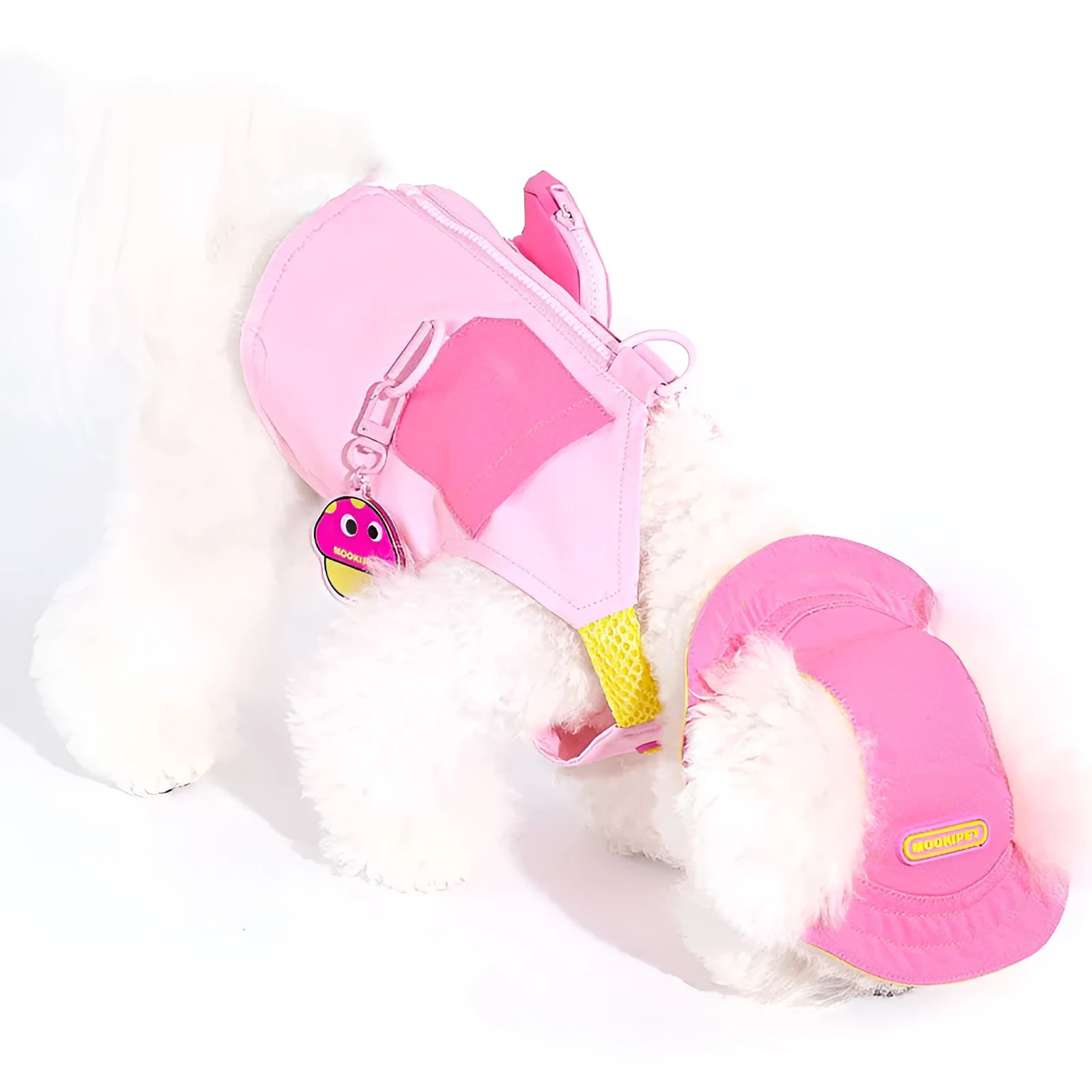 Pink polyester dog vest for small breeds like Bichon Frise on a white background.