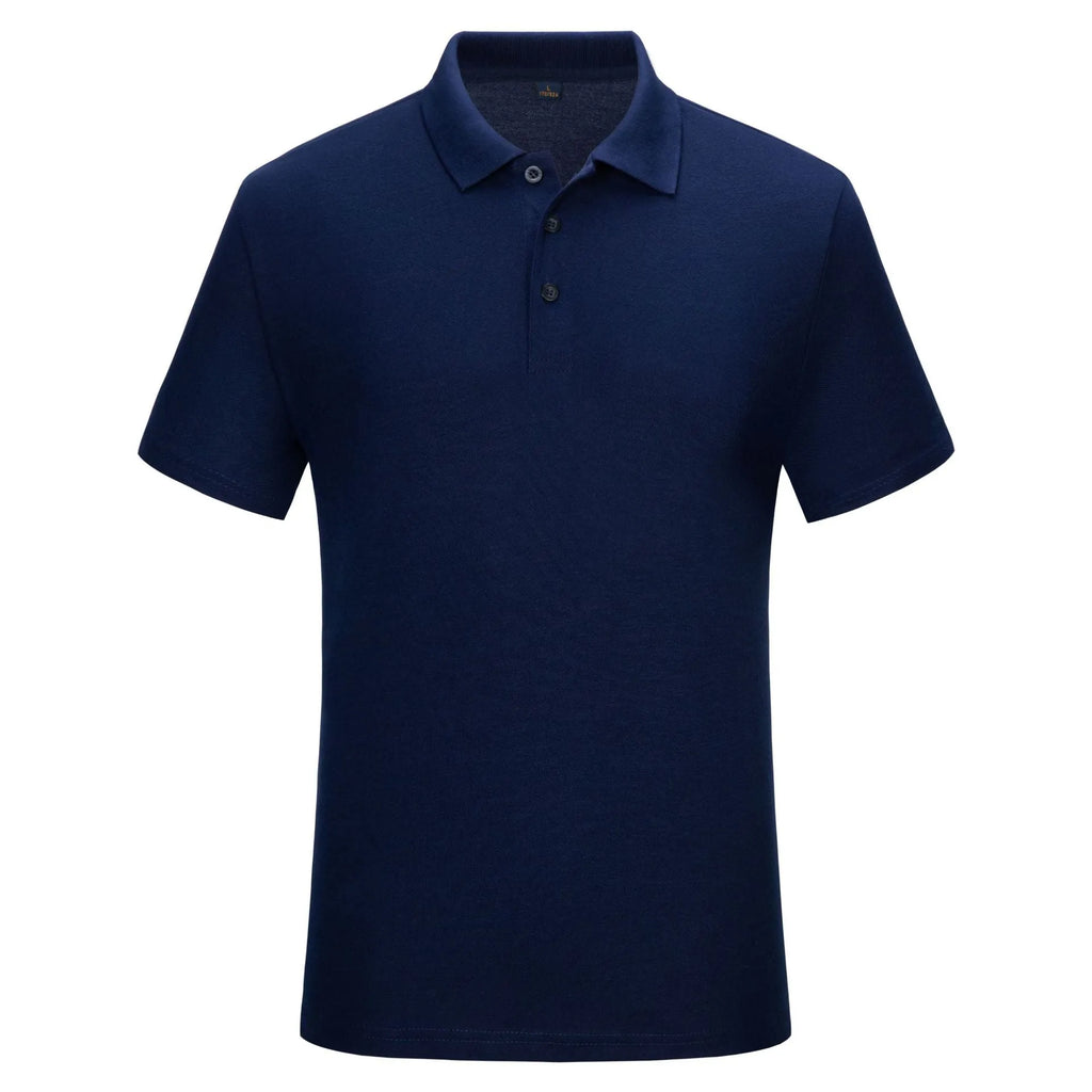 Cotton solid colour business office thin polo shirt uniform in short sleeve, available in multiple colours including black, white, red, and blue.
