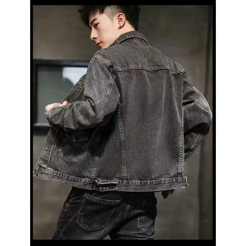 Women's smoky gray denim short jacket with straight hem and side pockets, Korean style, available in black and grey sizes M to 3XL