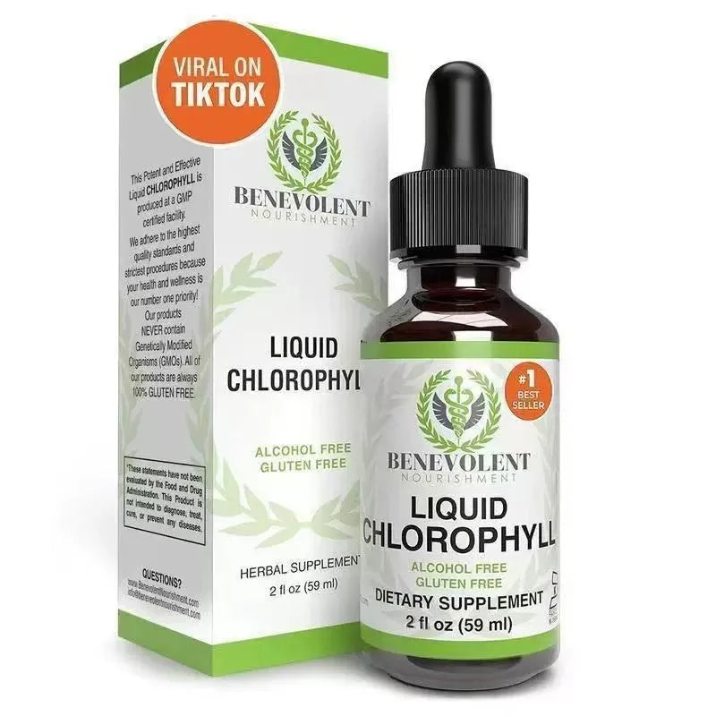 60ml bottle of natural liquid chlorophyll drops for adult intestinal care and internal deodorant use.
