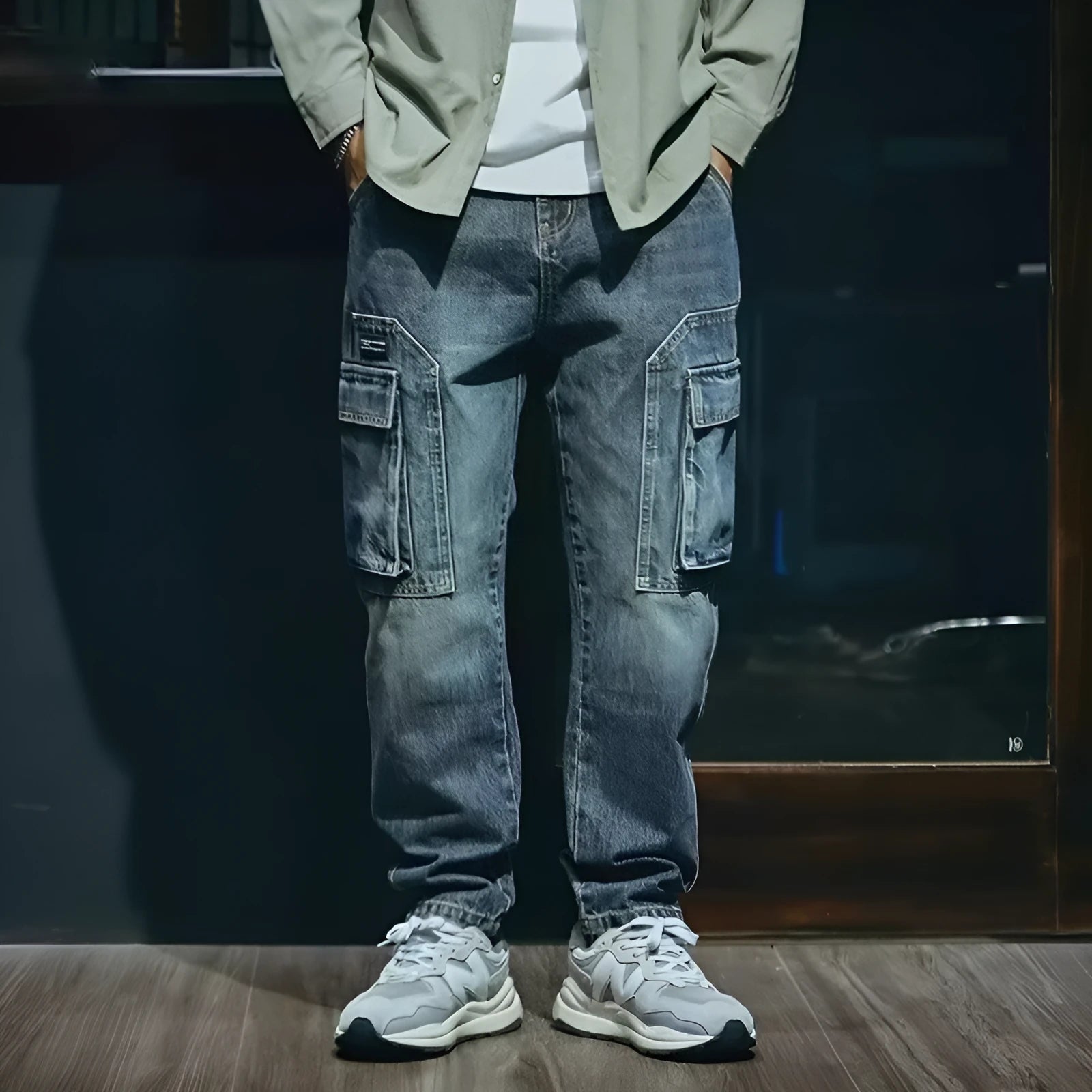 Man wearing blue loose straight-leg denim jeans with a zip fly, casual style.
