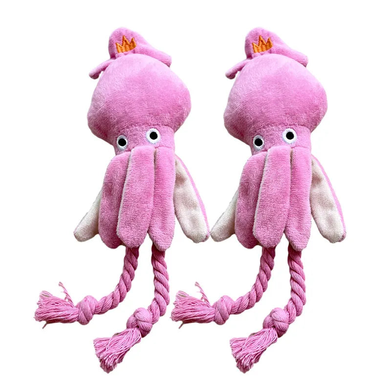 Pink squid plush dog chew toy with squeaky sound, 32cm corduroy toy for small and medium dogs
