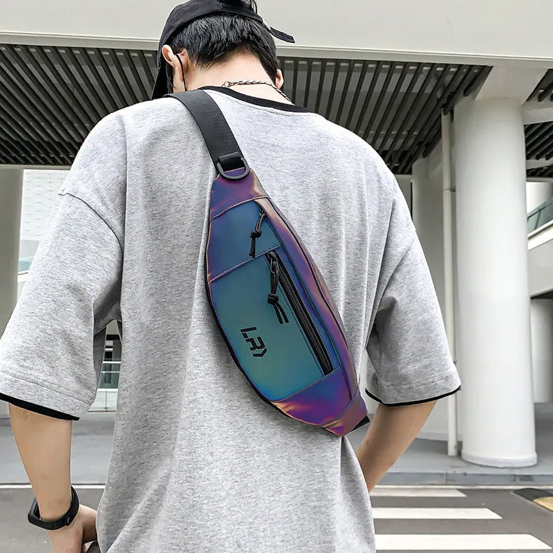Blue reflective Oxford cloth crossbody cycling bag with soft handle and open pocket.