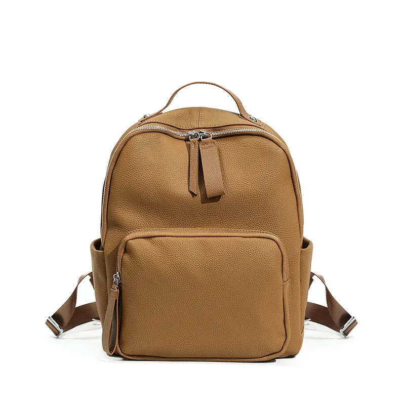 Genuine leather women's backpack in brown large size with soft handle and square vertical shape