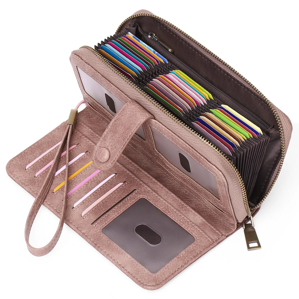 Women's expanding long wallet in PU leather with RFID anti-theft protection, shown in a light brown colour.
