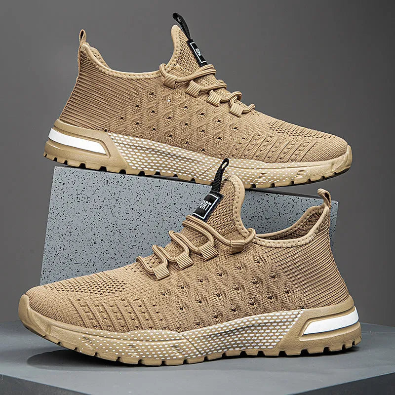 Men's solid-colour mesh casual shoes in army green, shown from a side angle