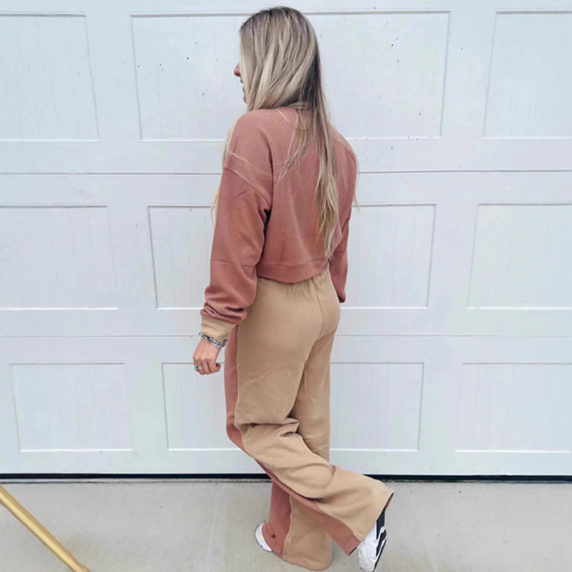 Women's European style camel cotton casual suit set with long trousers on hanger