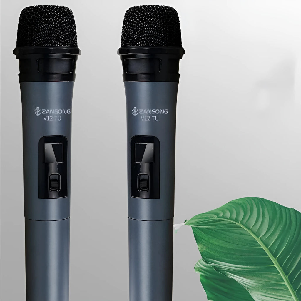 Black dynamic handheld microphone with USB receiver and audio cable for stage and home use