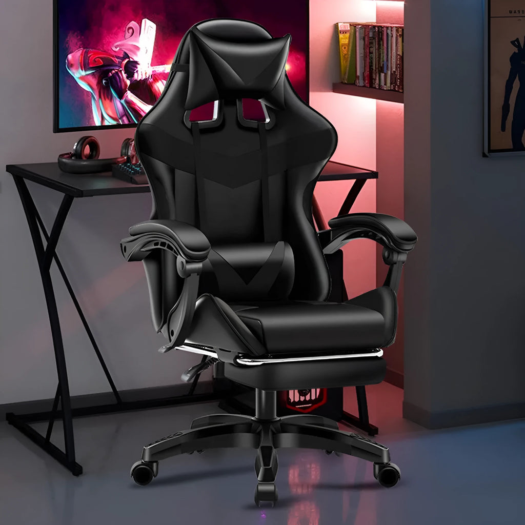 Gaming chair with footrest in black and red, showing reclining lift function, leather upholstery, alloy skeleton, and nylon feet