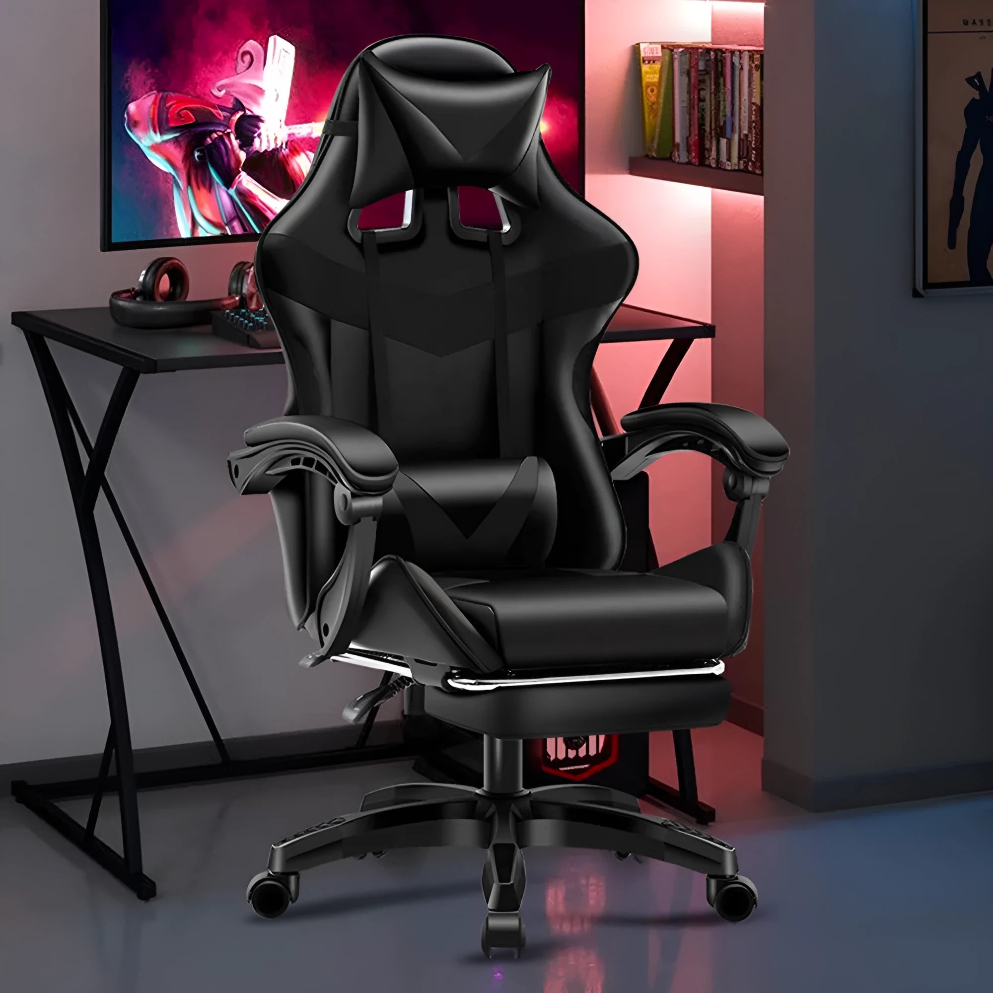 Gaming chair with footrest in black and red, showing reclining lift function, leather upholstery, alloy skeleton, and nylon feet