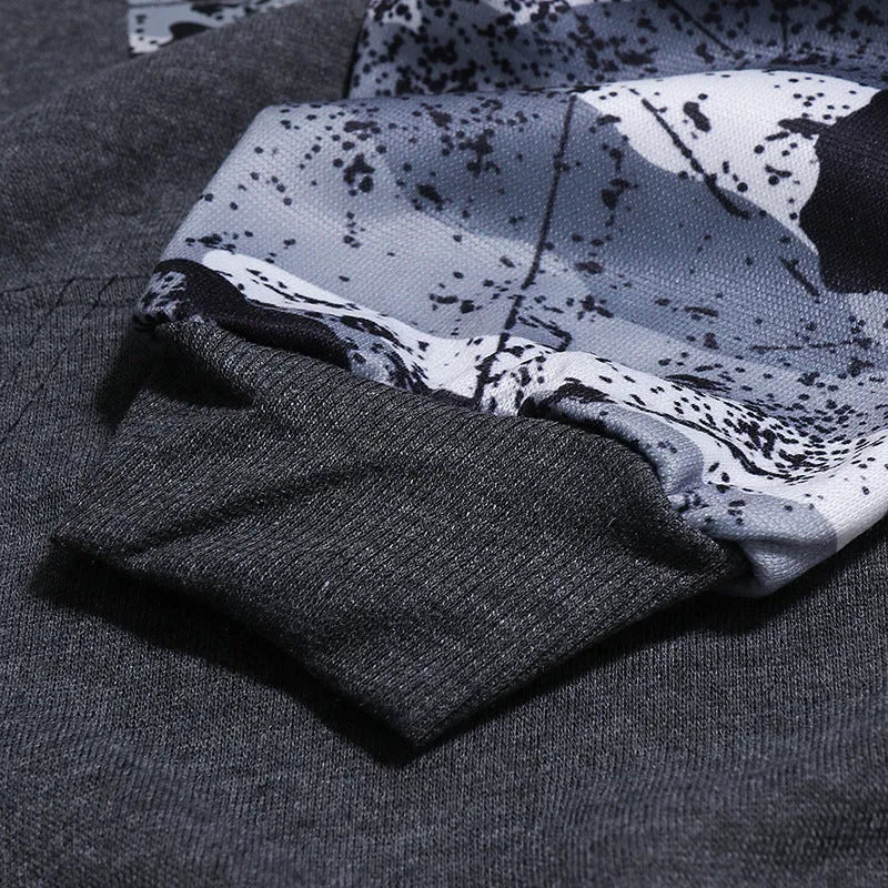 Men's long sleeve camouflage print hooded sweatshirt in black, front view