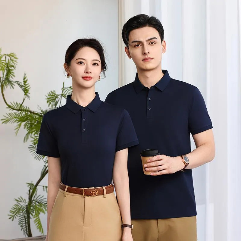 Lapel polo shirt for men and women, short sleeve, 100% polyester, available in 12 colours including light blue and army green