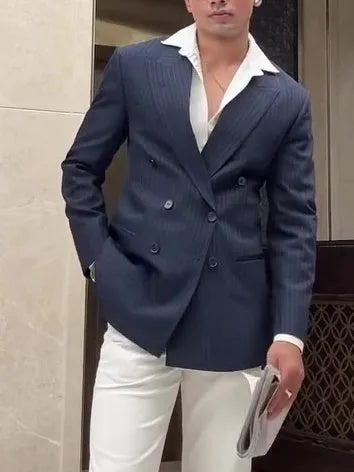 Men's striped double-breasted blazer in polyester for business casual wear